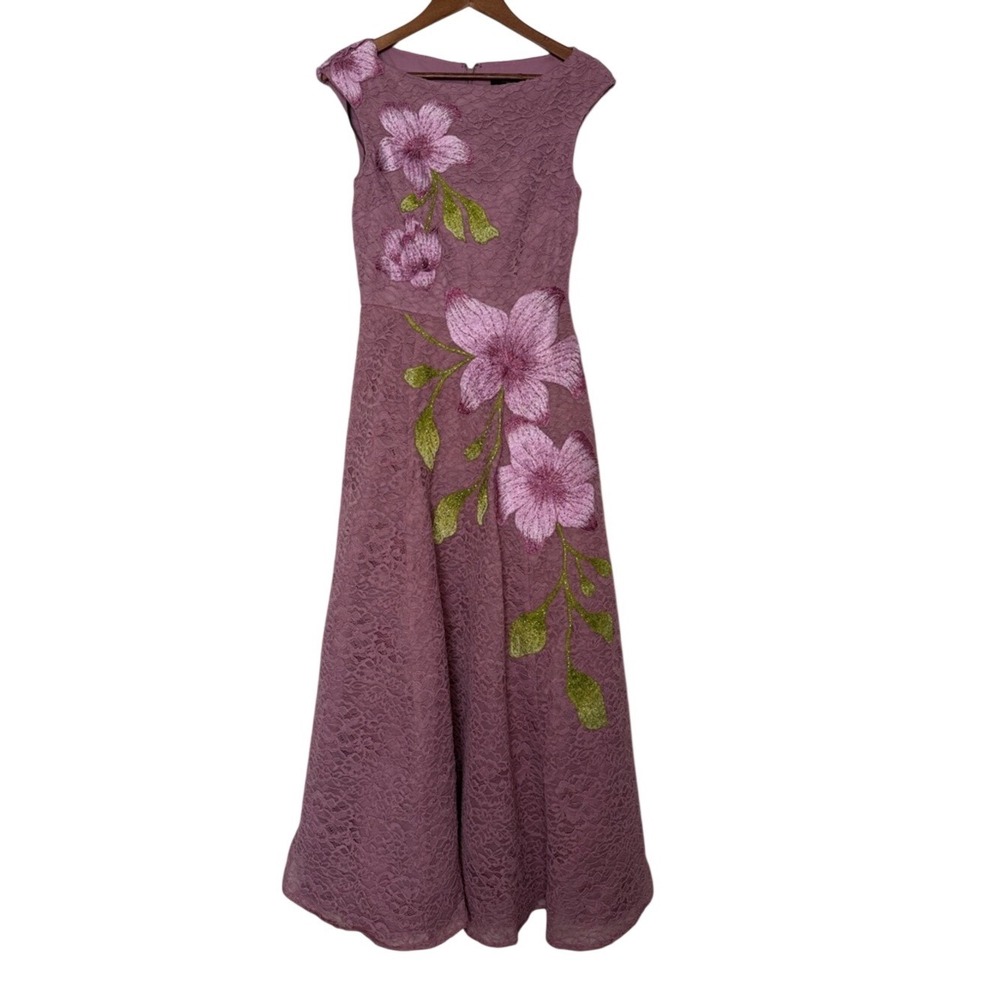 Theia Floral Embroidered Lace Maxi Dress Mauve Pink A-Line Size 4 NWOT